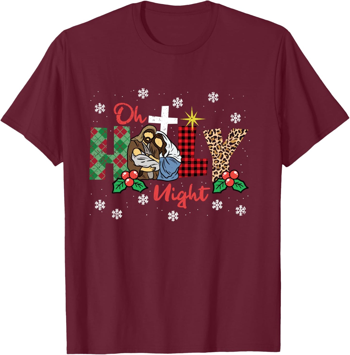 Oh Holy Night Christmas Pajama X-Mas Plaid Christian T-Shirt - T-Shirt | Maroon
