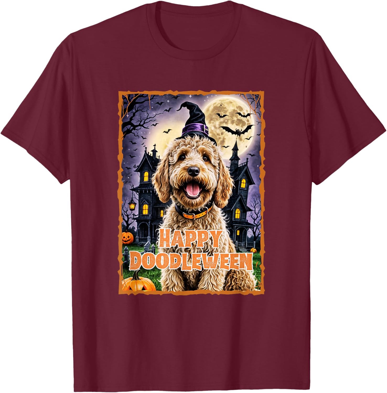 Happy Doodleween Halloween Goldendoodle Labradoodle Spooky T-Shirt - T-Shirt | Maroon