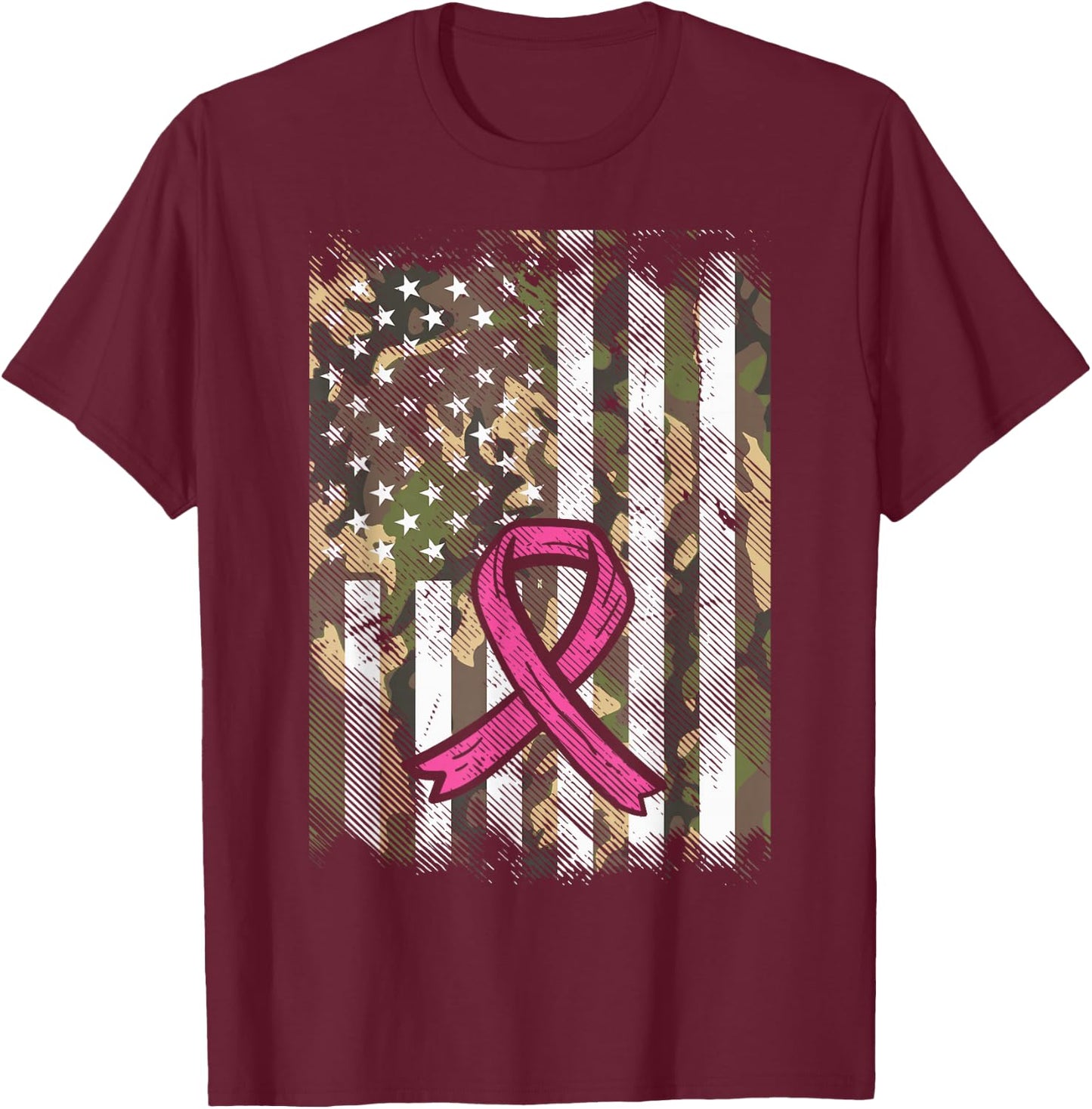 Camo Flag Pink Ribbon Breast Cancer Awareness Patriotic T-Shirt - T-Shirt | Maroon