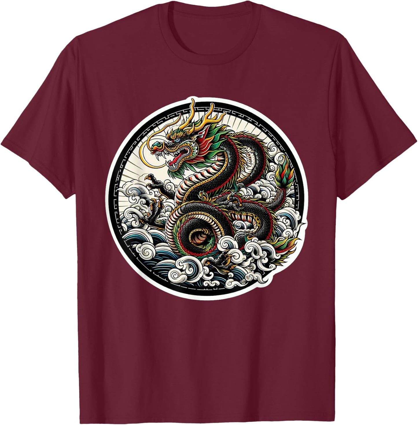 xDevery Asian Dragon Green Lucky Tattoo Design Colourful Vivid , Small, Black T-Shirt - T-Shirt | Maroon
