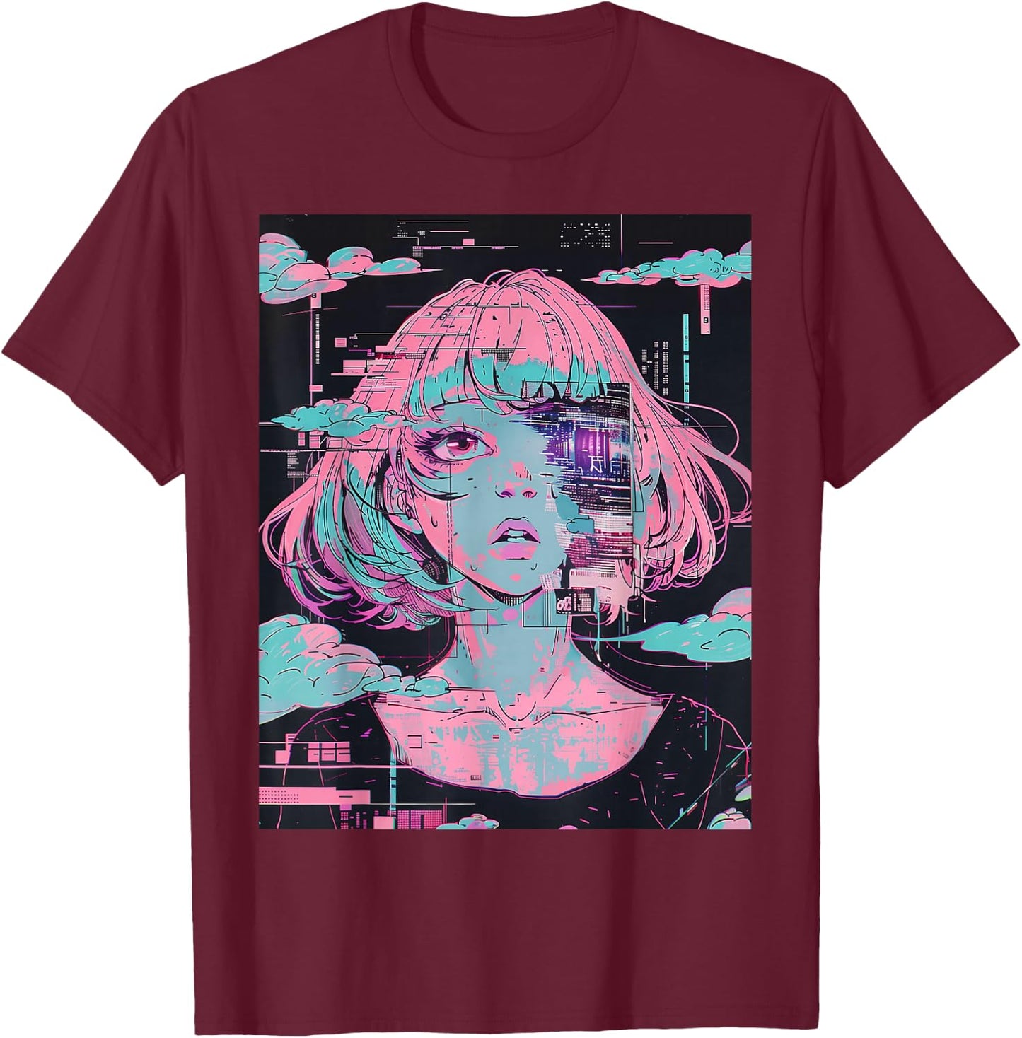 Anime Girl Vaporwave Glitchcore Pastel Goth Distressed T-Shirt - T-Shirt | Maroon