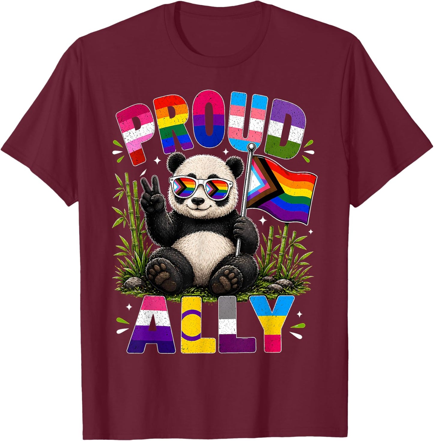 Proud Ally Panda LGBTQ Pride Month T-Shirt - T-Shirt | Maroon