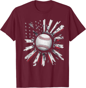 American Flag Baseball Player Bat Fan Catcher Pitcher USA T-Shirt - T-Shirt | Maroon