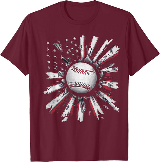 American Flag Baseball Player Bat Fan Catcher Pitcher USA T-Shirt - T-Shirt | Maroon