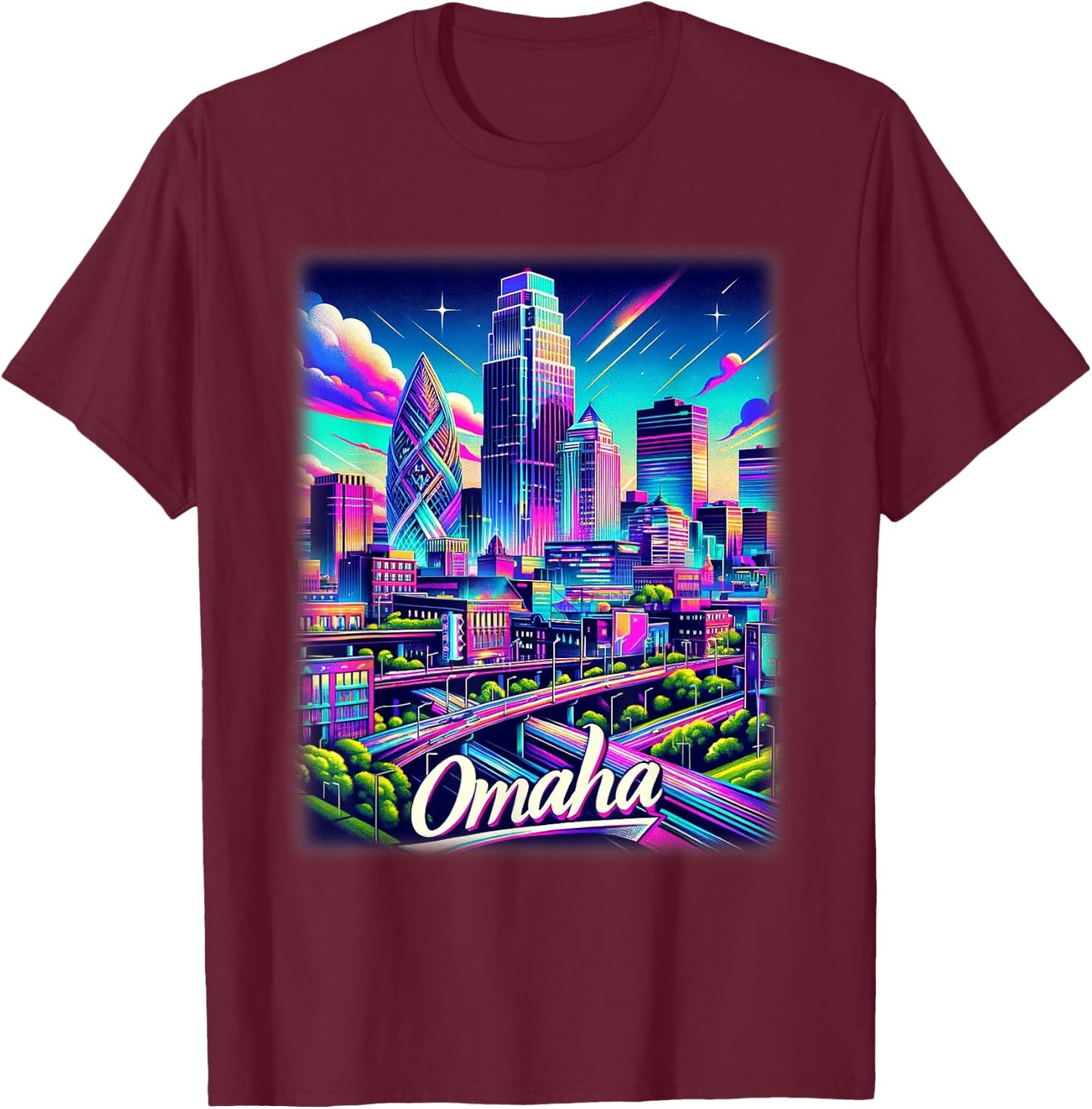 Omaha Nebraska Shirt Family Trip 80s 90s Retro City Skyline T-Shirt - T-Shirt | Maroon
