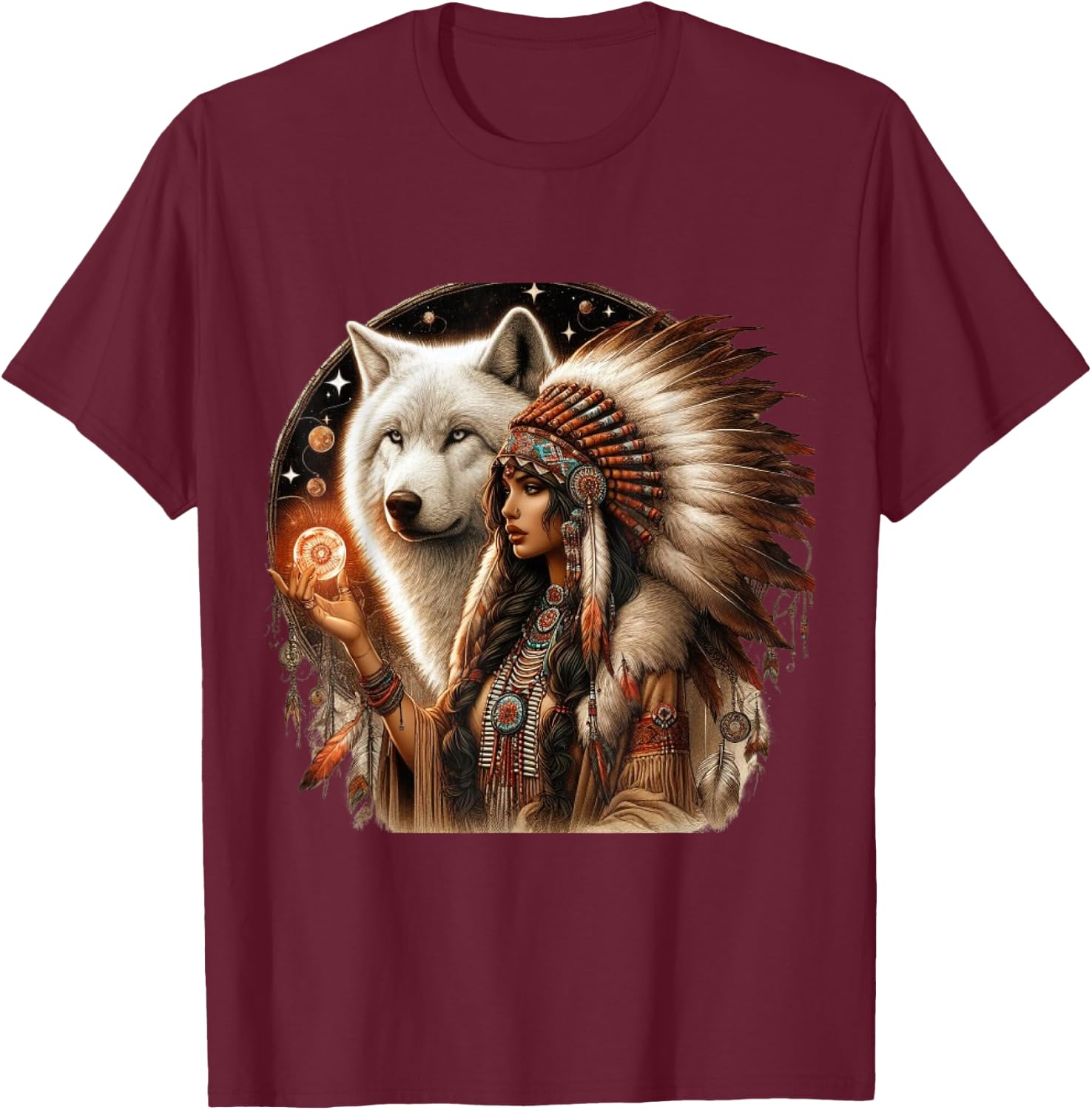 Indian Native American Woman With White Wolf Vitage Gifts T-Shirt - T-Shirt | Maroon