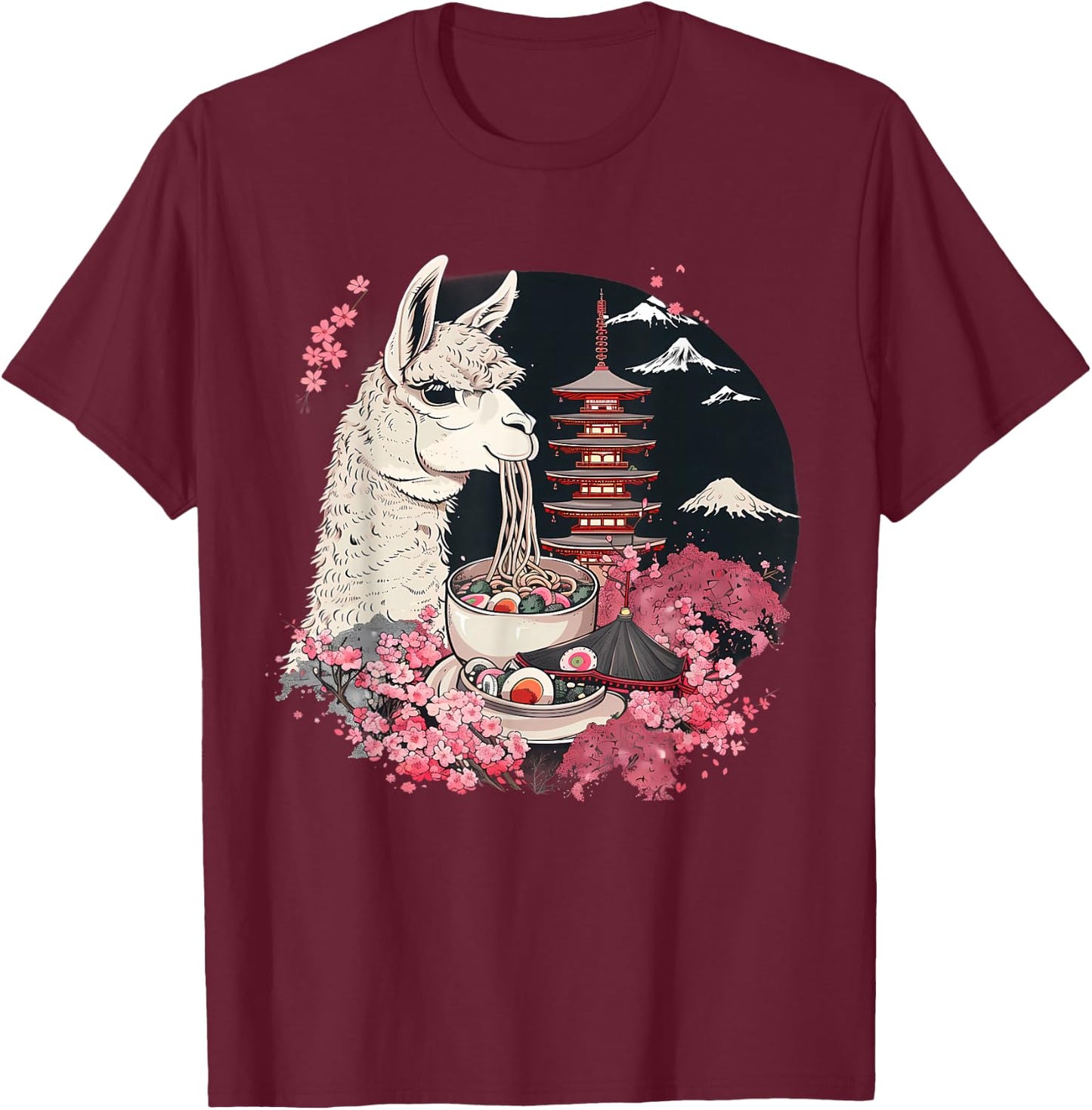 Llama Ramen Mount Fuji Sakura Pagoda Llamen Ramen Noodles T-Shirt - T-Shirt | Maroon