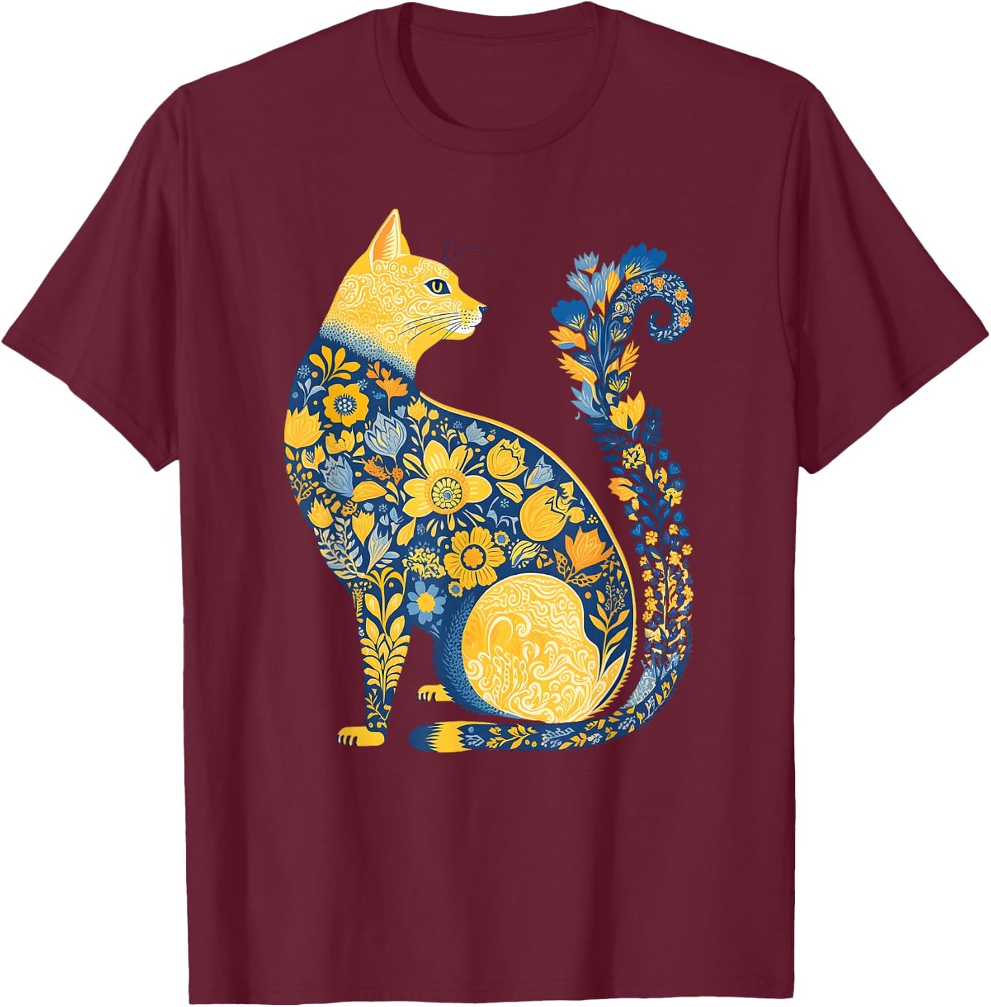 Ukrainian Cat Cute Floral Vintage Ukraine Flag & Vyshyvanka T-Shirt - T-Shirt | Maroon