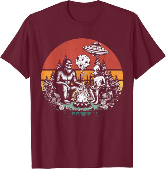 Outdoor Camping UFO Funny Retro Bigfoot And Alien Campfire T-Shirt - T-Shirt | Maroon
