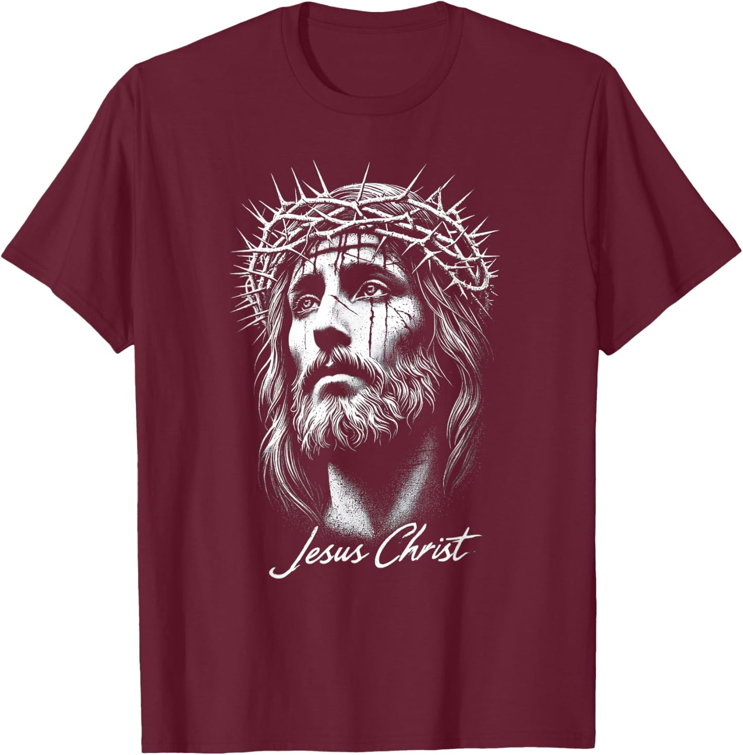 Jesus Christ in Crown of Thorns Distressed T-Shirt - T-Shirt | Maroon
