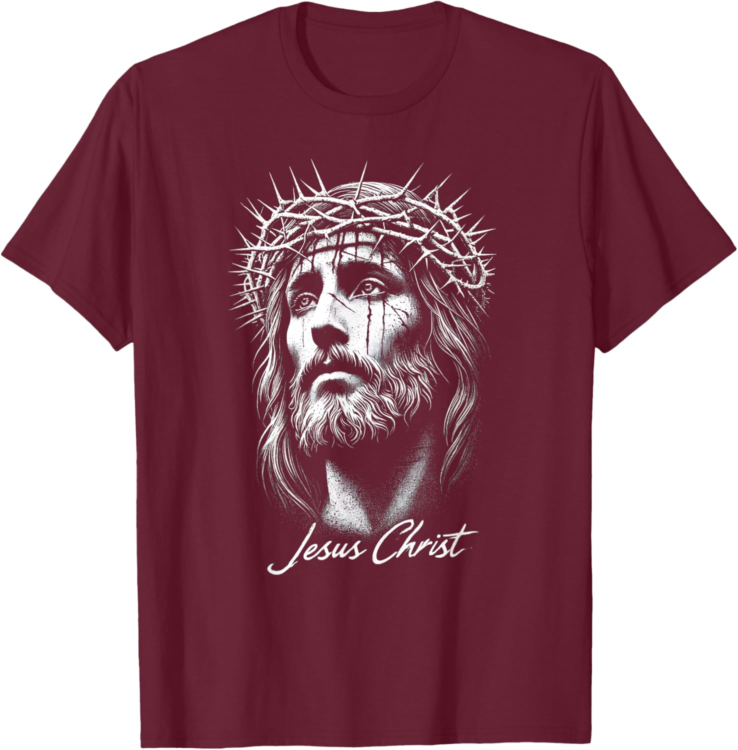 Jesus Christ in Crown of Thorns Distressed T-Shirt - T-Shirt | Maroon