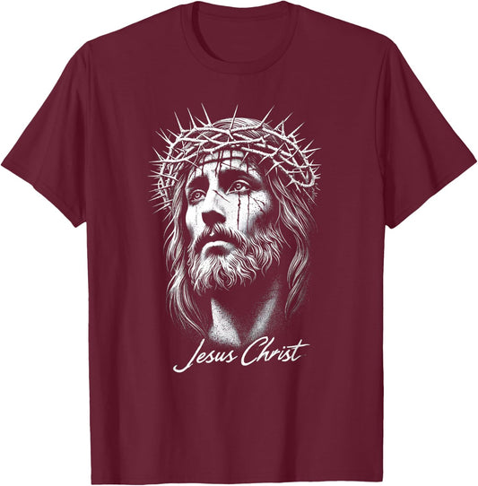 Jesus Christ in Crown of Thorns Distressed T-Shirt - T-Shirt | Maroon