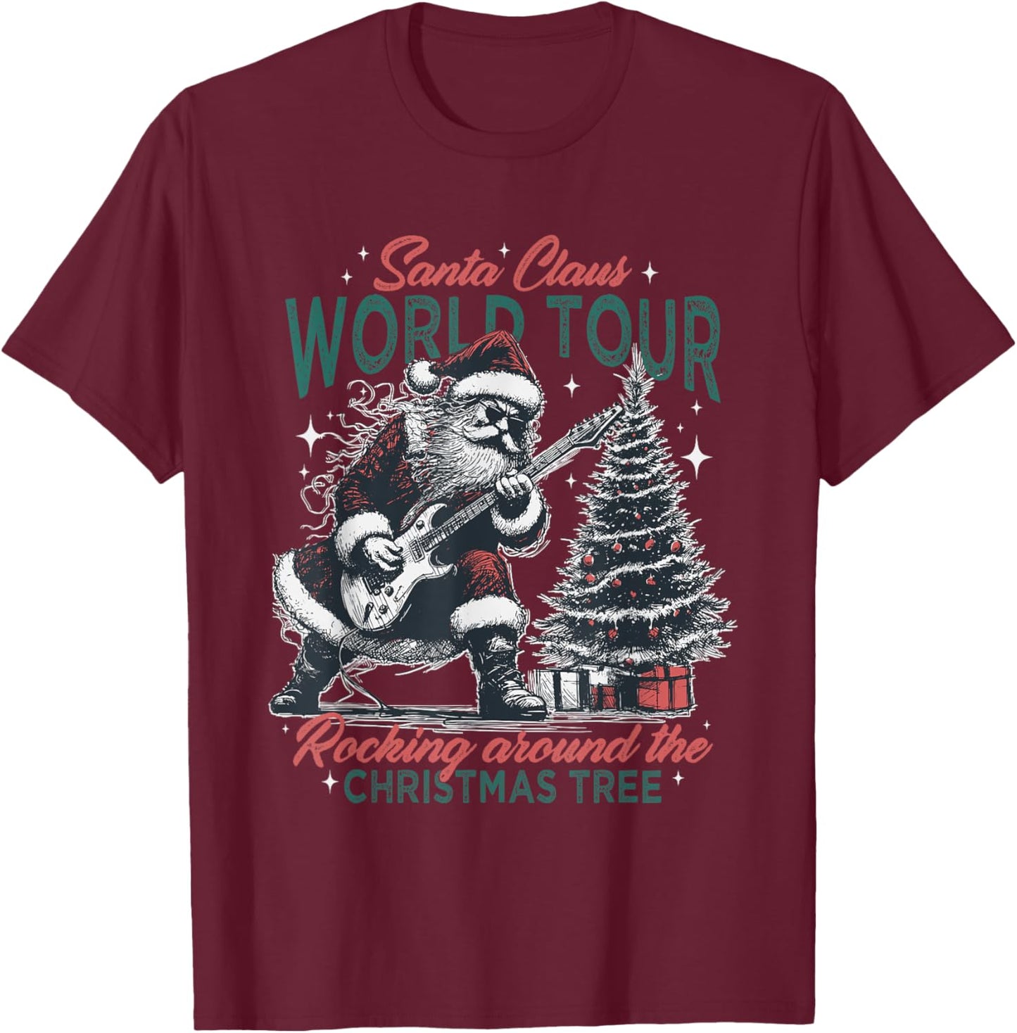 Santa Claus World Tour Rocking Around The Christmas Tree T-Shirt - T-Shirt | Maroon
