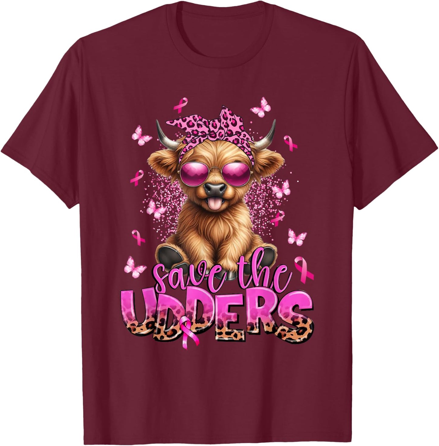 Save The Udders Breast Cancer Awareness Warrior Highland Cow T-Shirt - T-Shirt | Maroon