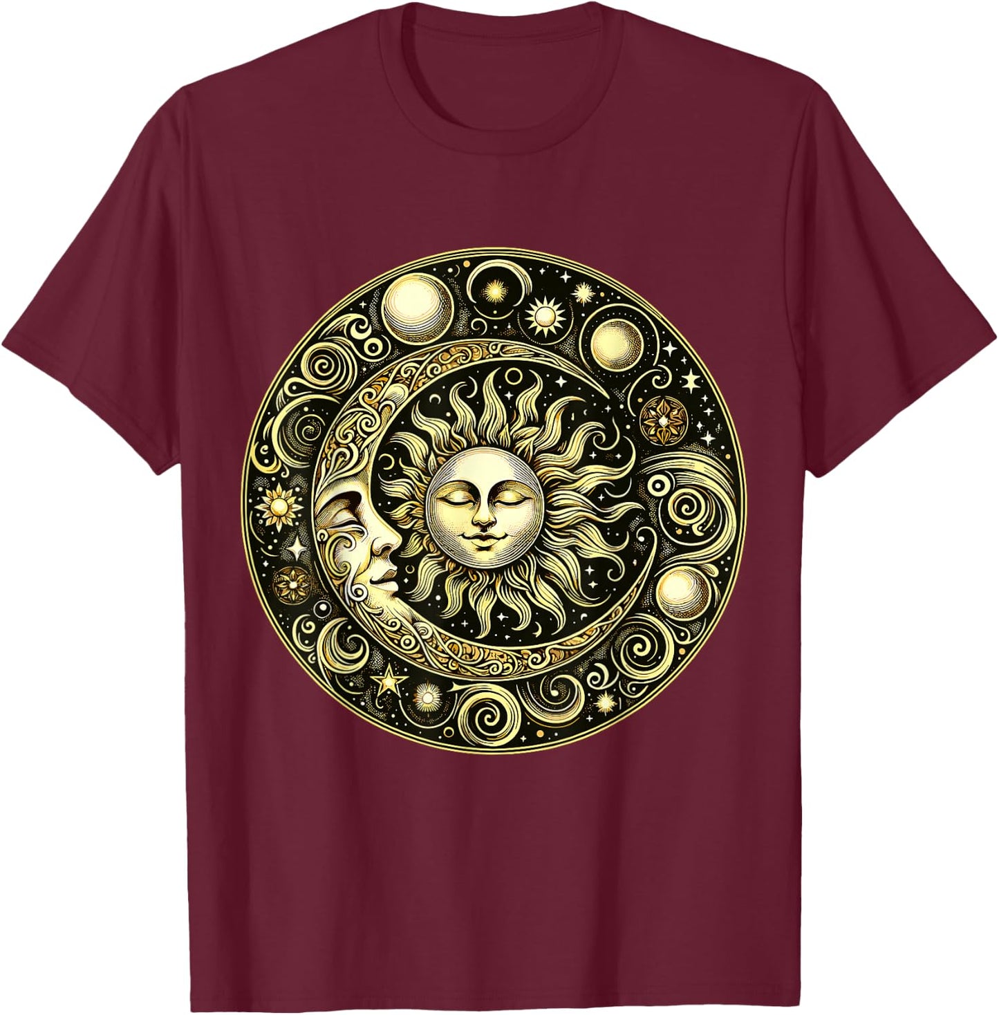 Celestial Moon and Sun T-Shirt - T-Shirt | Maroon