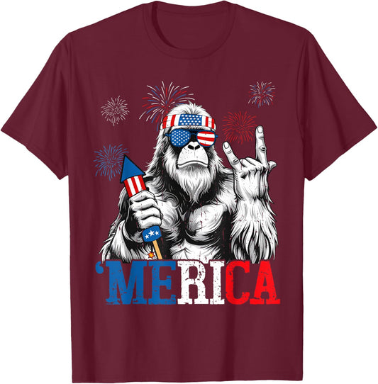 Bigfoot Merica 4th Of July Funny Boys Men Sasquatch Lover T-Shirt - T-Shirt | Maroon