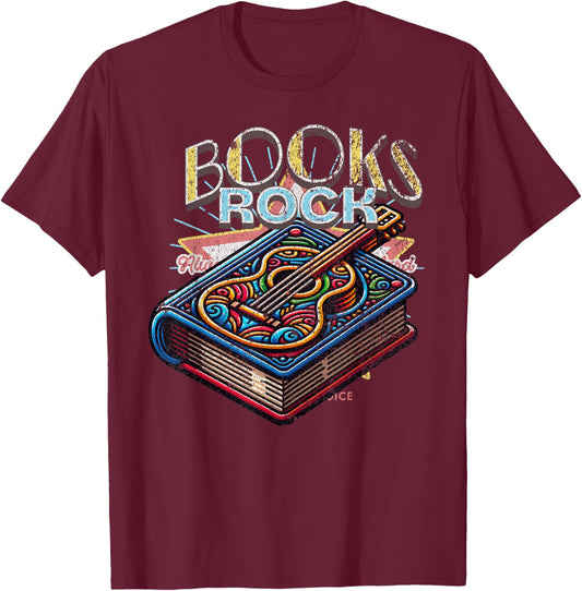 Books Rock Rock'n Roll Science Of Reading Teachers Guitar T-Shirt - T-Shirt | Maroon