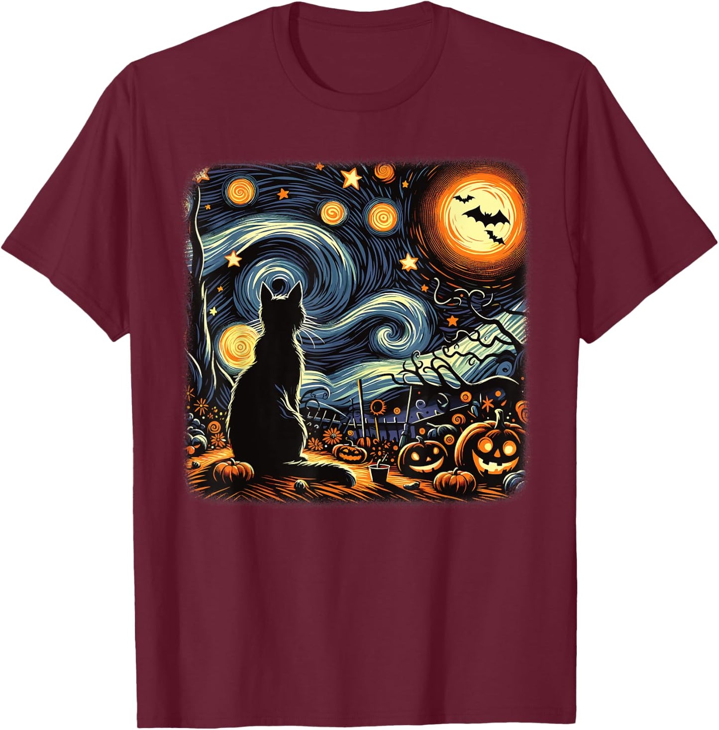 Halloween Black Cat Van Gogh Starry Night Cat Lovers Cat T-Shirt - T-Shirt | Maroon