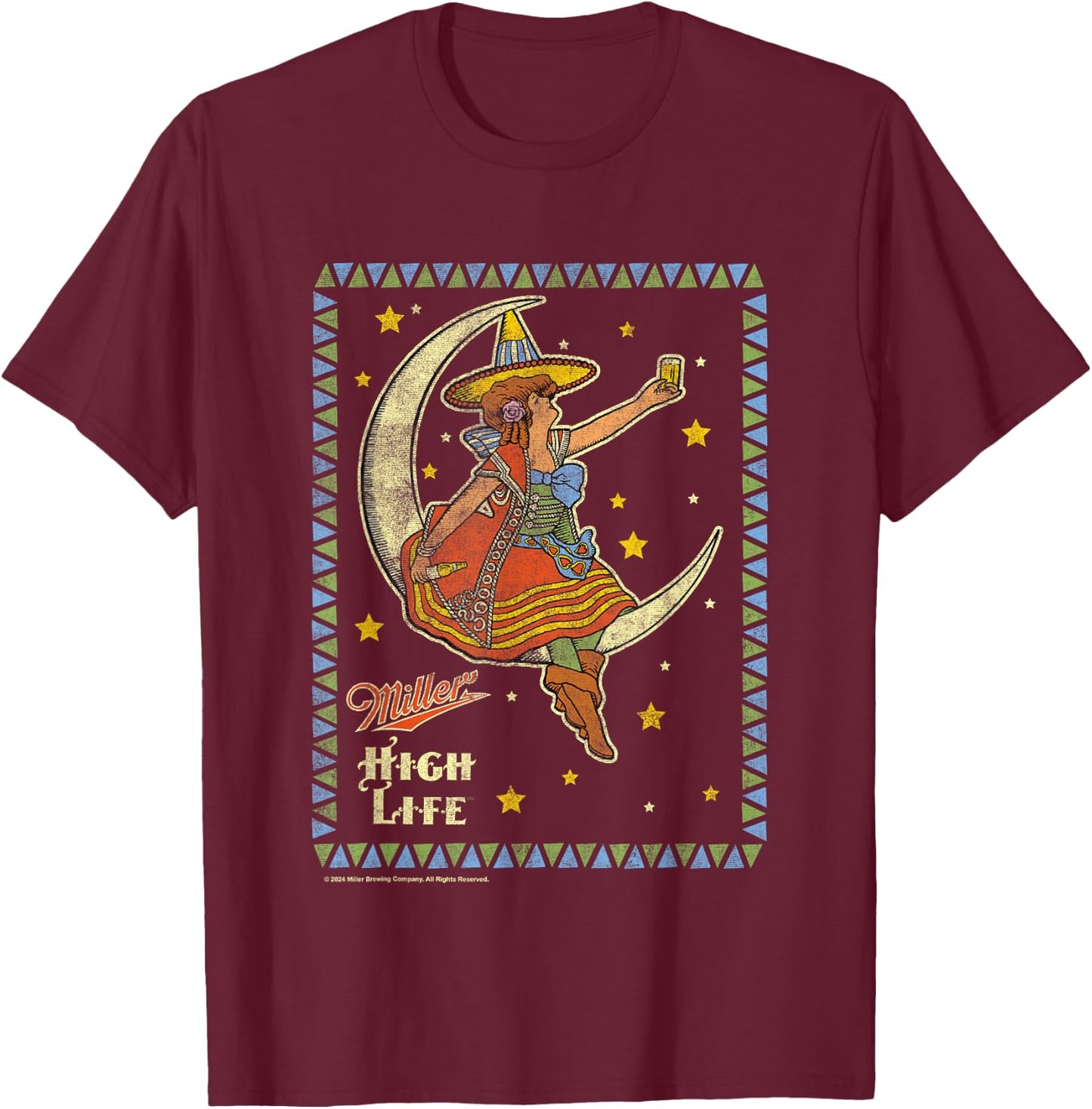 Miller High Life Girl On The Moon Vintage Stamp T-Shirt - T-Shirt | Maroon