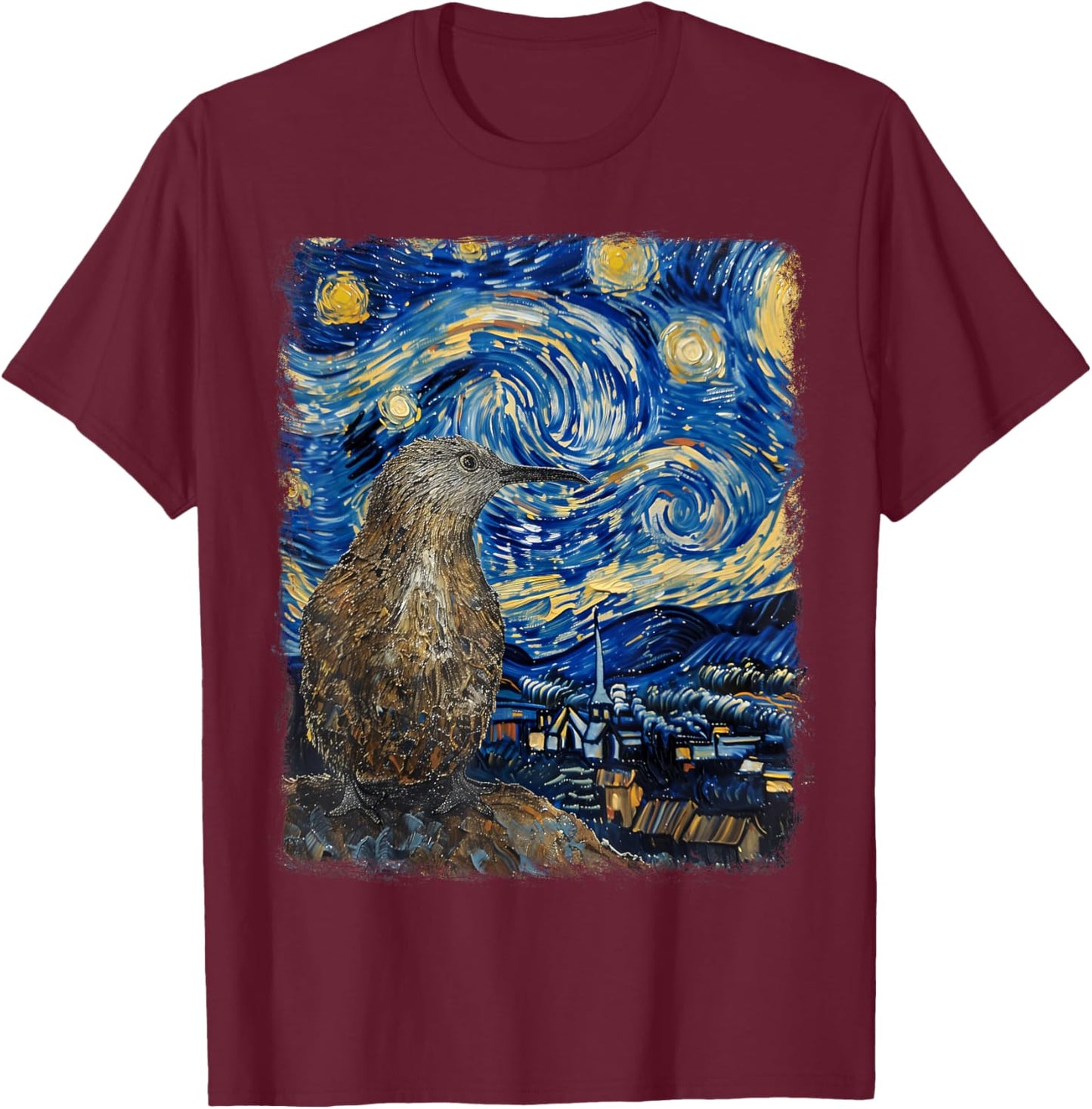 Kiwi Bird New Zealand Starry Night Painting T-Shirt - T-Shirt | Maroon