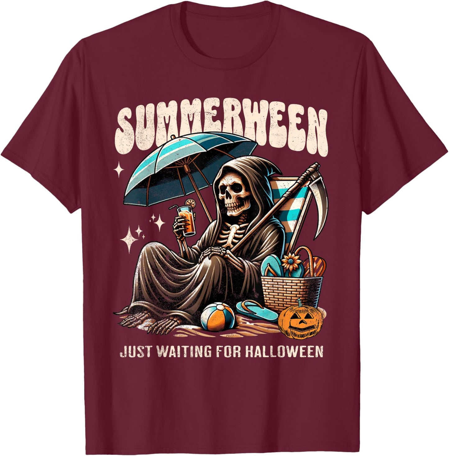 Summerween Grim Reaper Skeleton Summer Vibes Halloween Ghost Men Women Kids T-Shirt - T-Shirt | Maroon