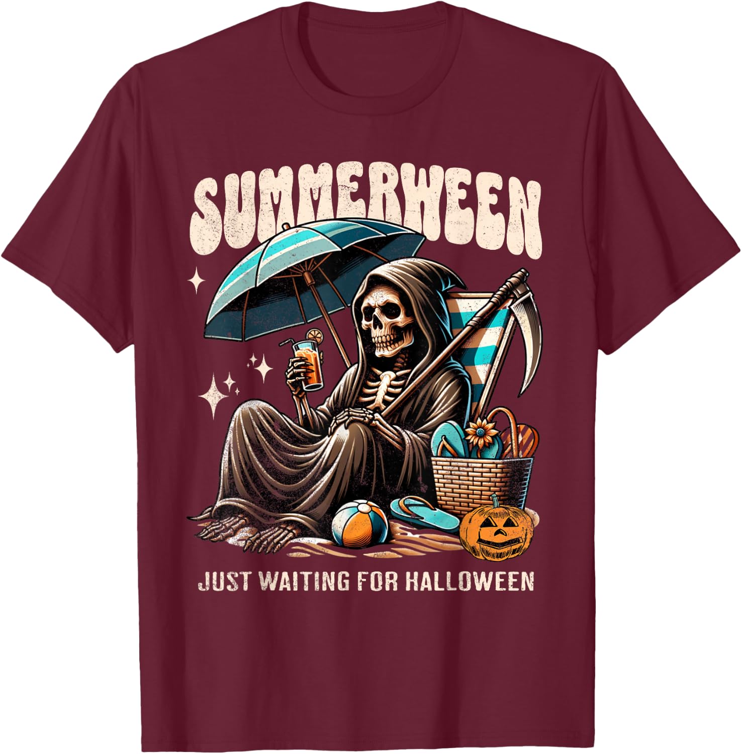 Summerween Grim Reaper Skeleton Summer Vibes Halloween Ghost Men Women Kids T-Shirt - T-Shirt | Maroon