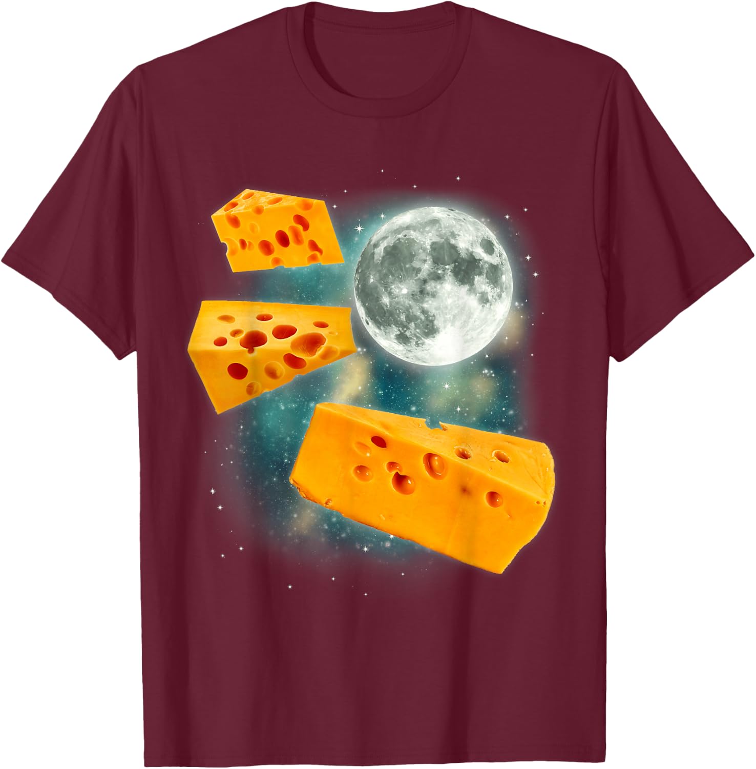 Three Cheese Moon | 3 Flying Cheddar Curds Cheesemonger T-Shirt - T-Shirt | Maroon