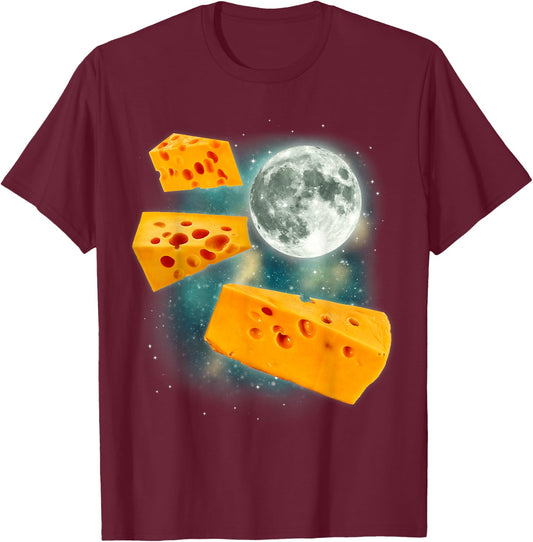 Three Cheese Moon | 3 Flying Cheddar Curds Cheesemonger T-Shirt - T-Shirt | Maroon