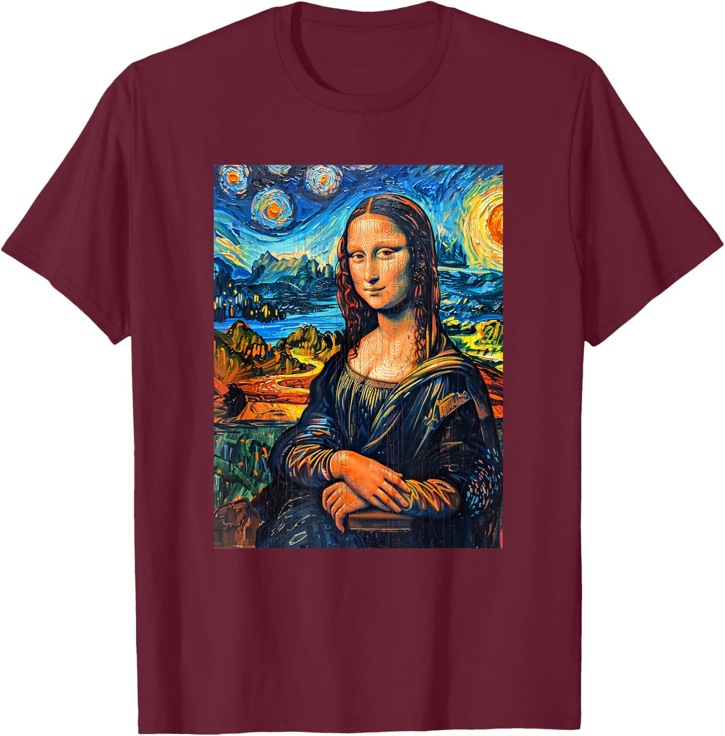 Monalisa Starry Night Painting Funny Men Women Kids T-Shirt - T-Shirt | Maroon