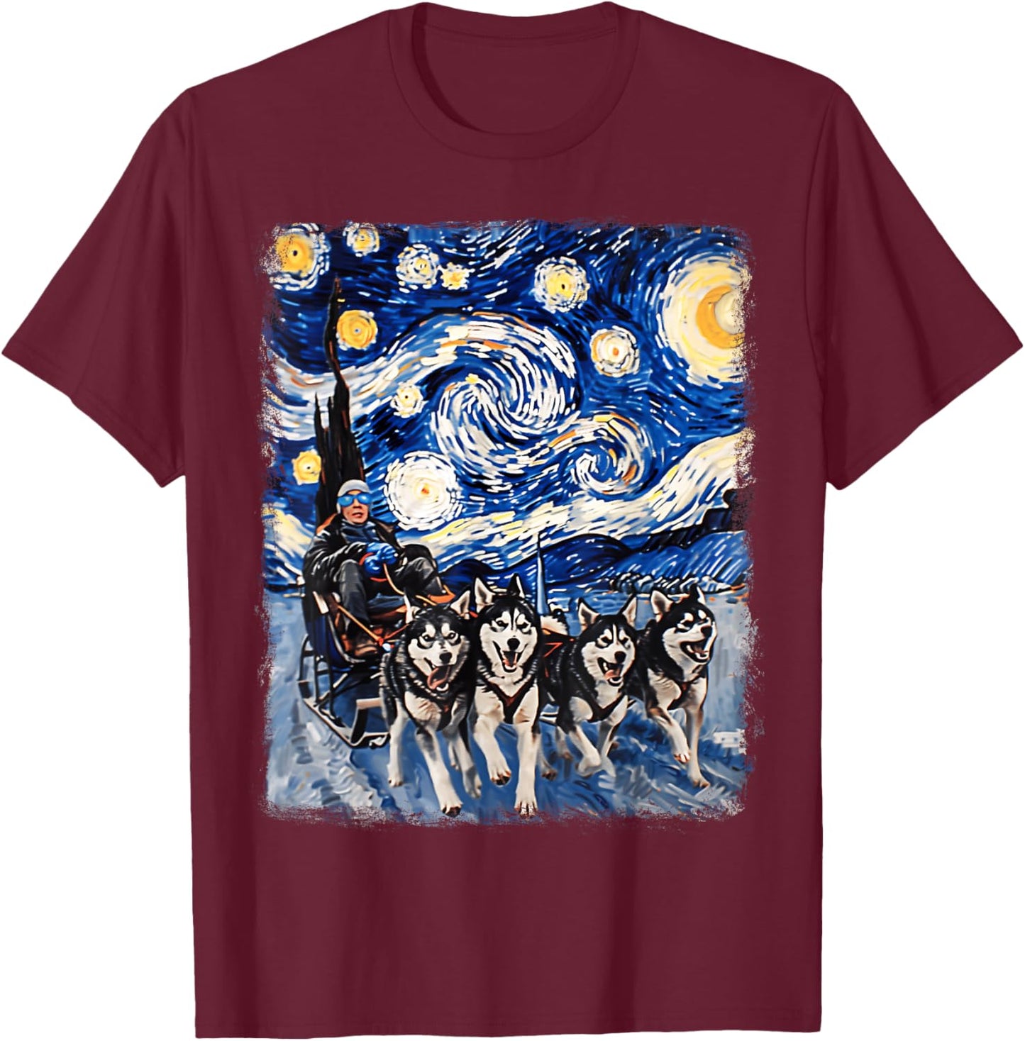 Mushing Sled Dog Siberian Husky Starry Night Painting T-Shirt - T-Shirt | Maroon