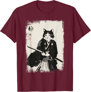 Cat Samurai Warrior Vintage Ukiyo-e Art Japanese Katana T-Shirt - T-Shirt | Maroon