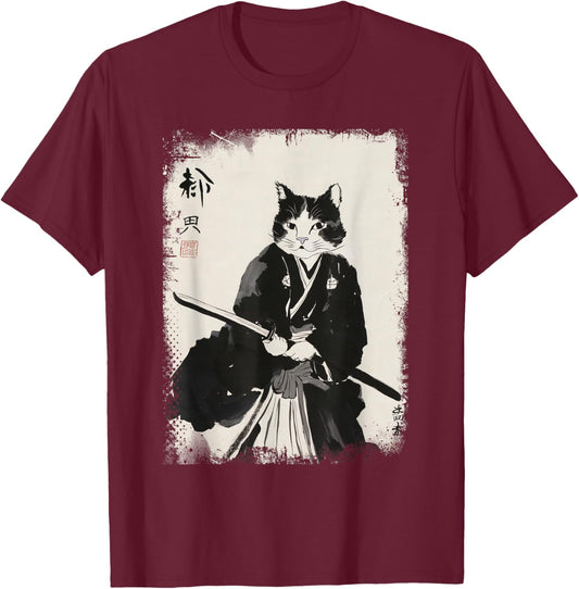 Cat Samurai Warrior Vintage Ukiyo-e Art Japanese Katana T-Shirt - T-Shirt | Maroon
