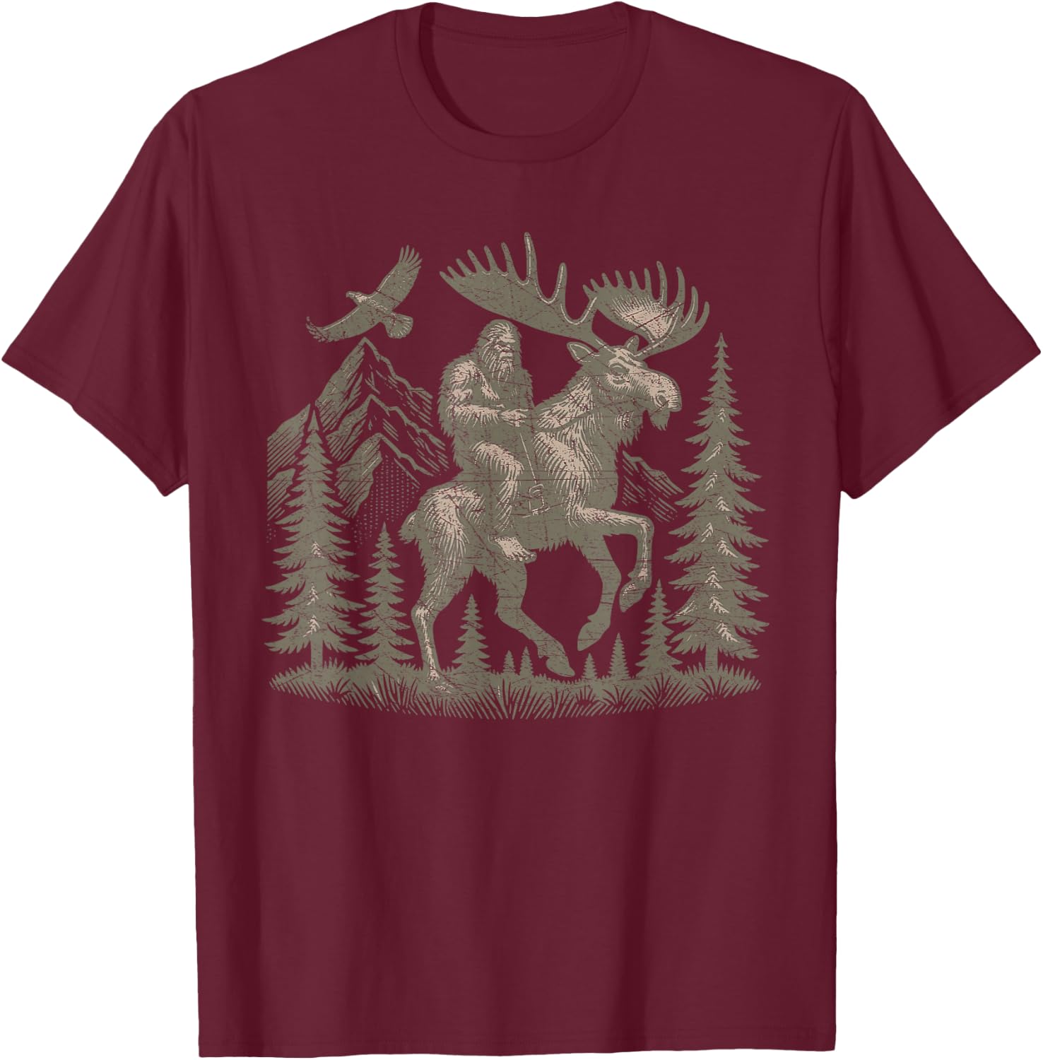 Bigfoot Riding Moose Mountain Adventure T-Shirt - T-Shirt | Maroon