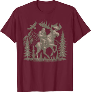 Bigfoot Riding Moose Mountain Adventure T-Shirt - T-Shirt | Maroon
