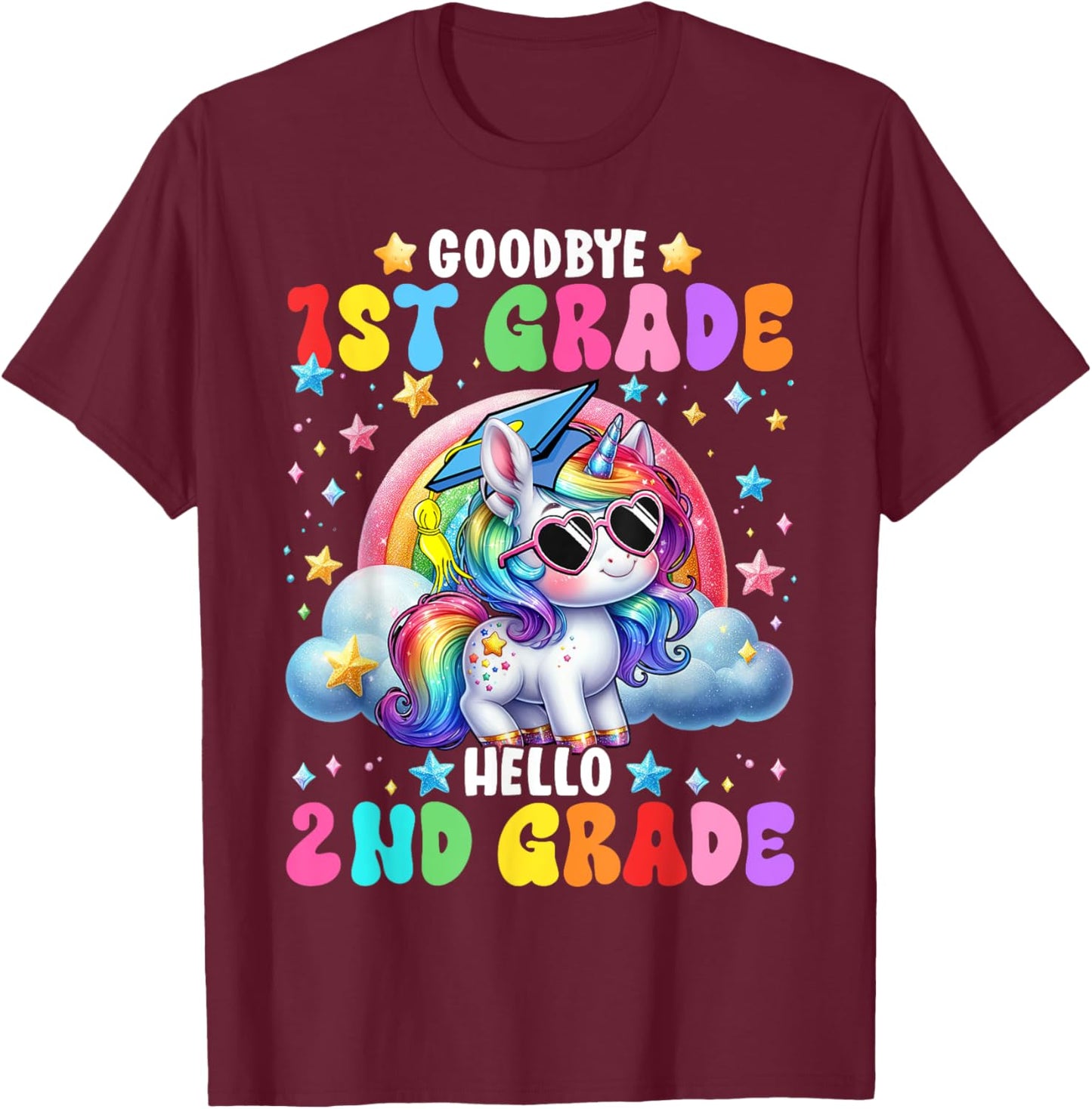 Cute Unicorn Goodbye 1st Grade Hello 2nd Grade Girls Kids T-Shirt - T-Shirt | Maroon