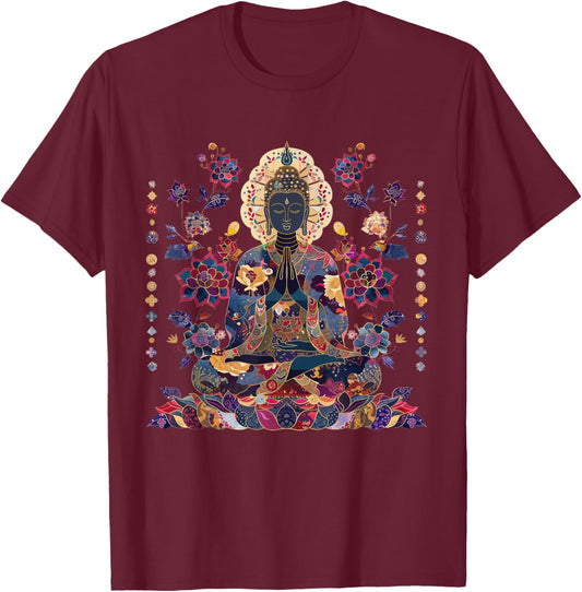 Buddha Vintage Flowers Zen Buddhism Spiritual Art Buddhist T-Shirt - T-Shirt | Maroon