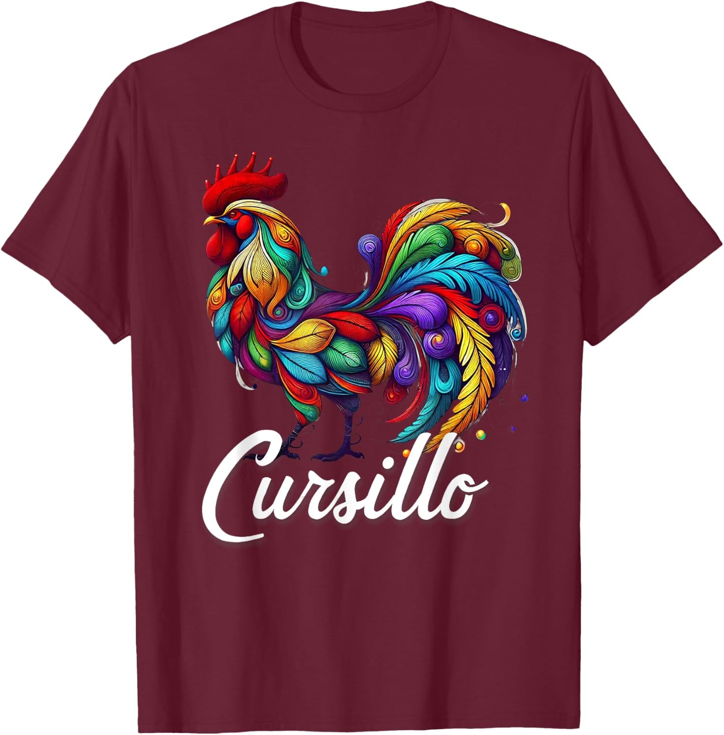 DeColores Cursillo Rainbow Rooster Catholic T-Shirt - T-Shirt | Maroon