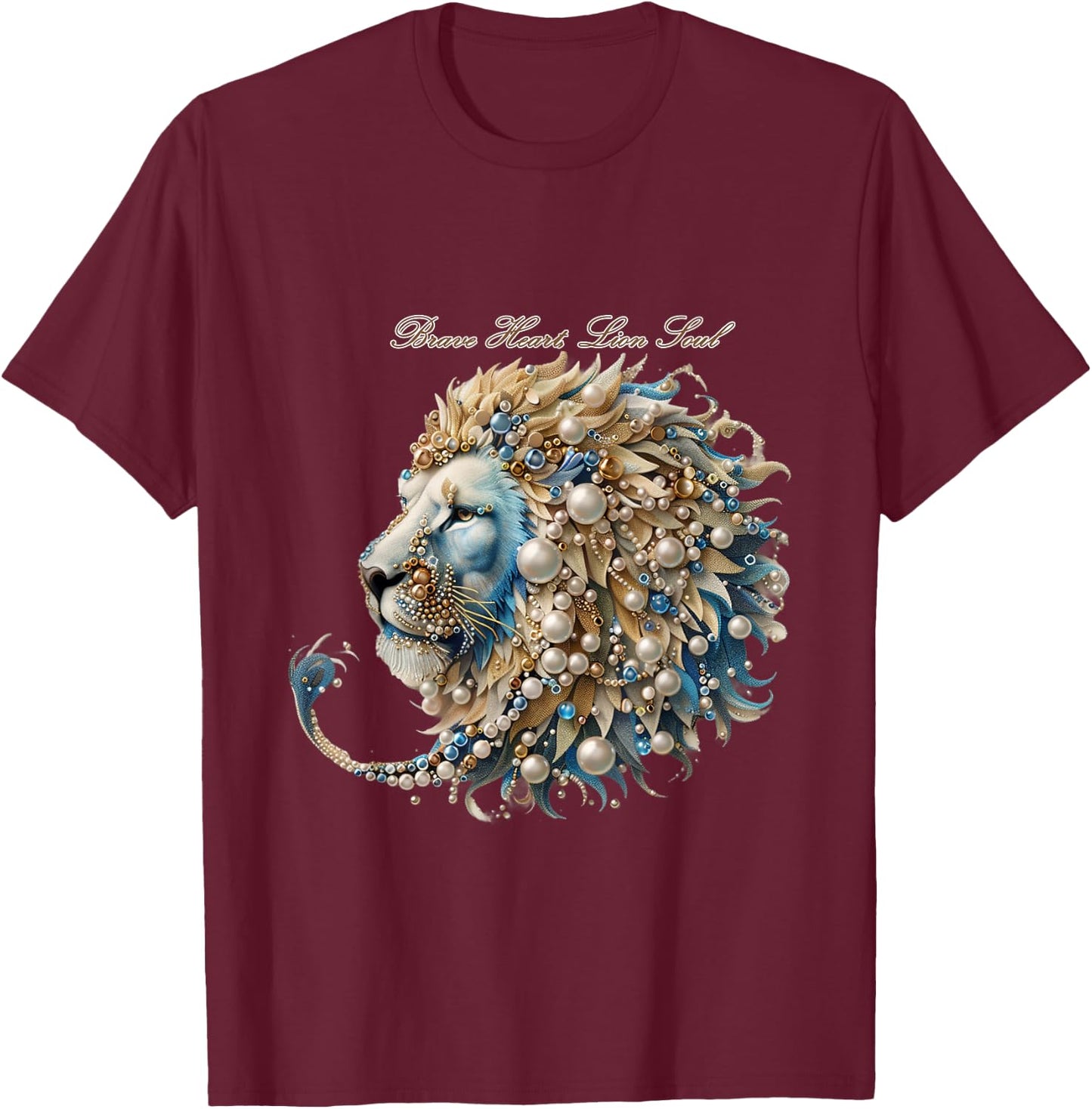 Luxury pearl and gemstone decorated lion design fashionable T-Shirt - T-Shirt | Maroon