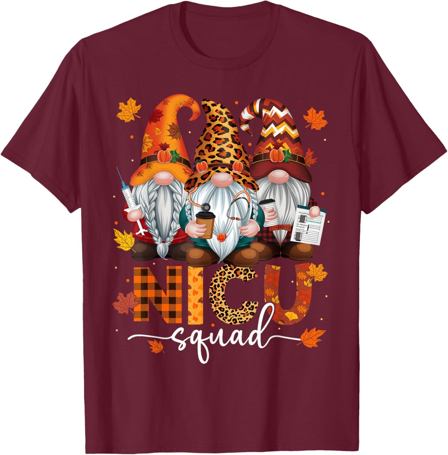 NICU Squad Gnome Nurse Leopard Thanksgiving Stethoscope T-Shirt - T-Shirt | Maroon
