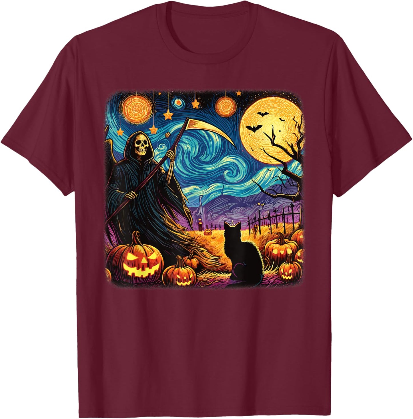 Halloween Van Gogh Starry Night Grim Reaper Pumpkins Cats T-Shirt - T-Shirt | Maroon