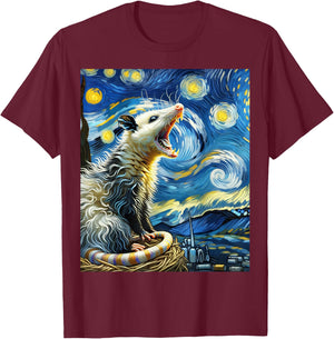 Opossum Screaming, Van Gogh Starry Night Style, Possum T-Shirt - T-Shirt | Maroon
