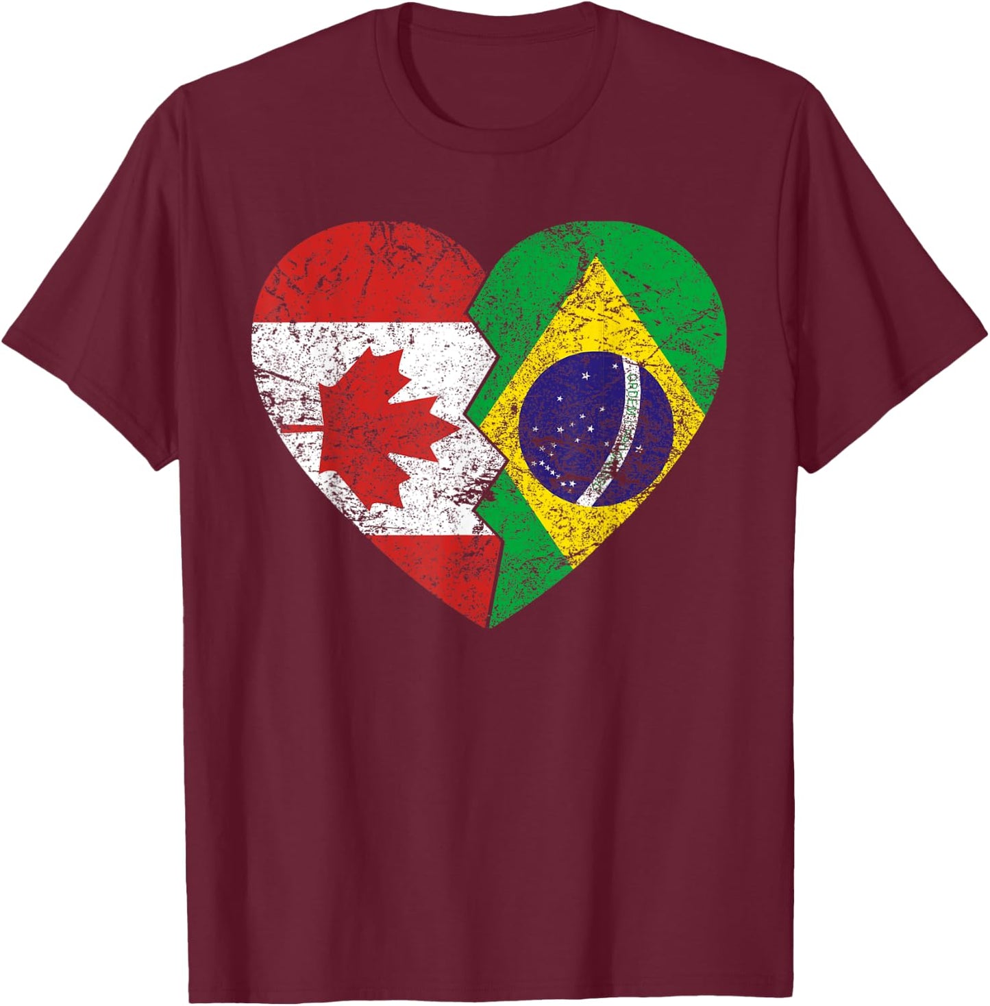 Brazilian Canadian Flags Heart | Canada Brazil Roots Vintage T-Shirt - T-Shirt | Maroon