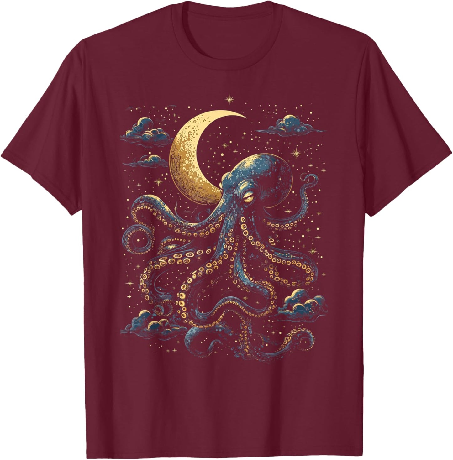Octopus Celestial Moon Dark Academia Moody Maximalist Ocean T-Shirt - T-Shirt | Maroon