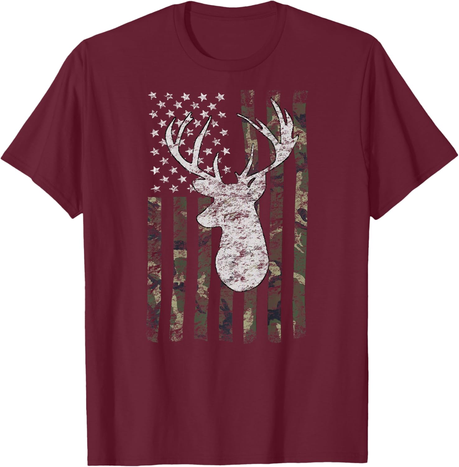 Deer Hunting American Flag Camo Buck Silhouette (on Back) Kids Men T-Shirt - T-Shirt | Maroon