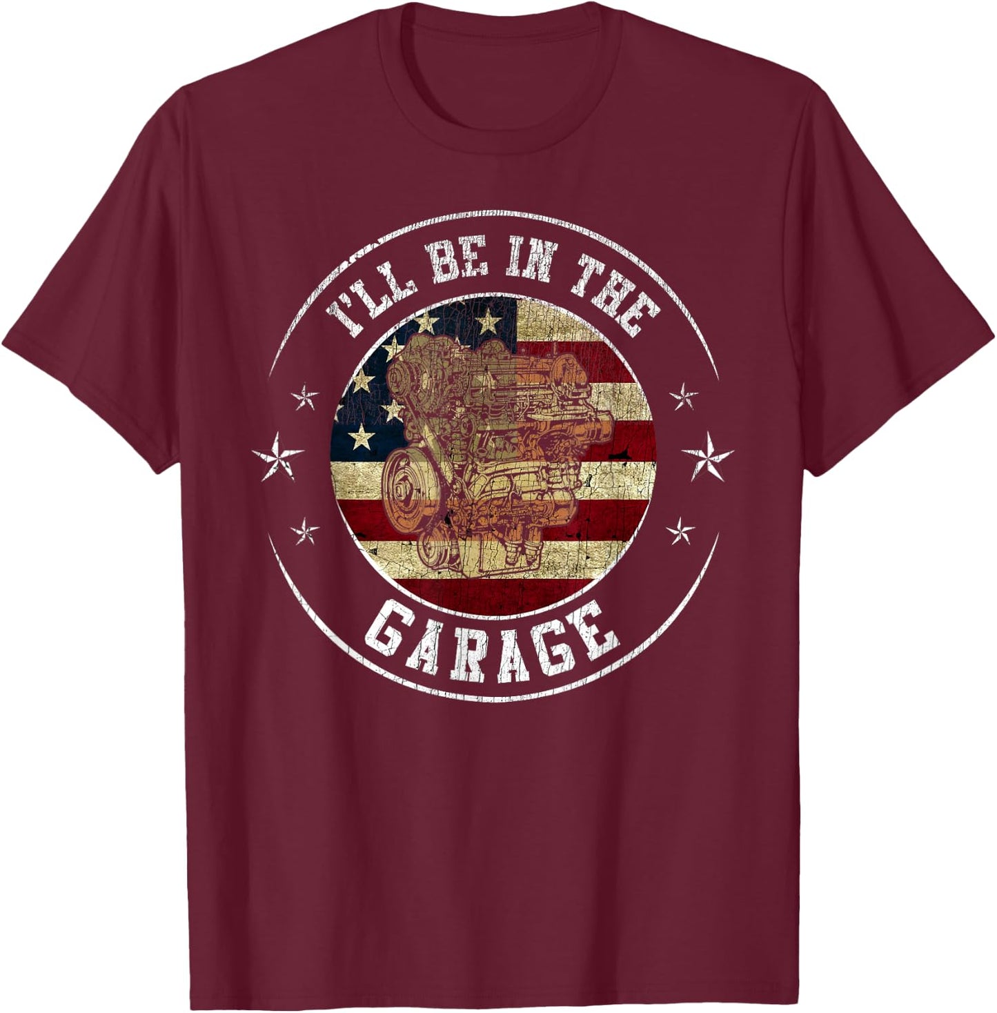 Retro Flag American Grandpa Mechanic I'll be in the garage T-Shirt - T-Shirt | Maroon