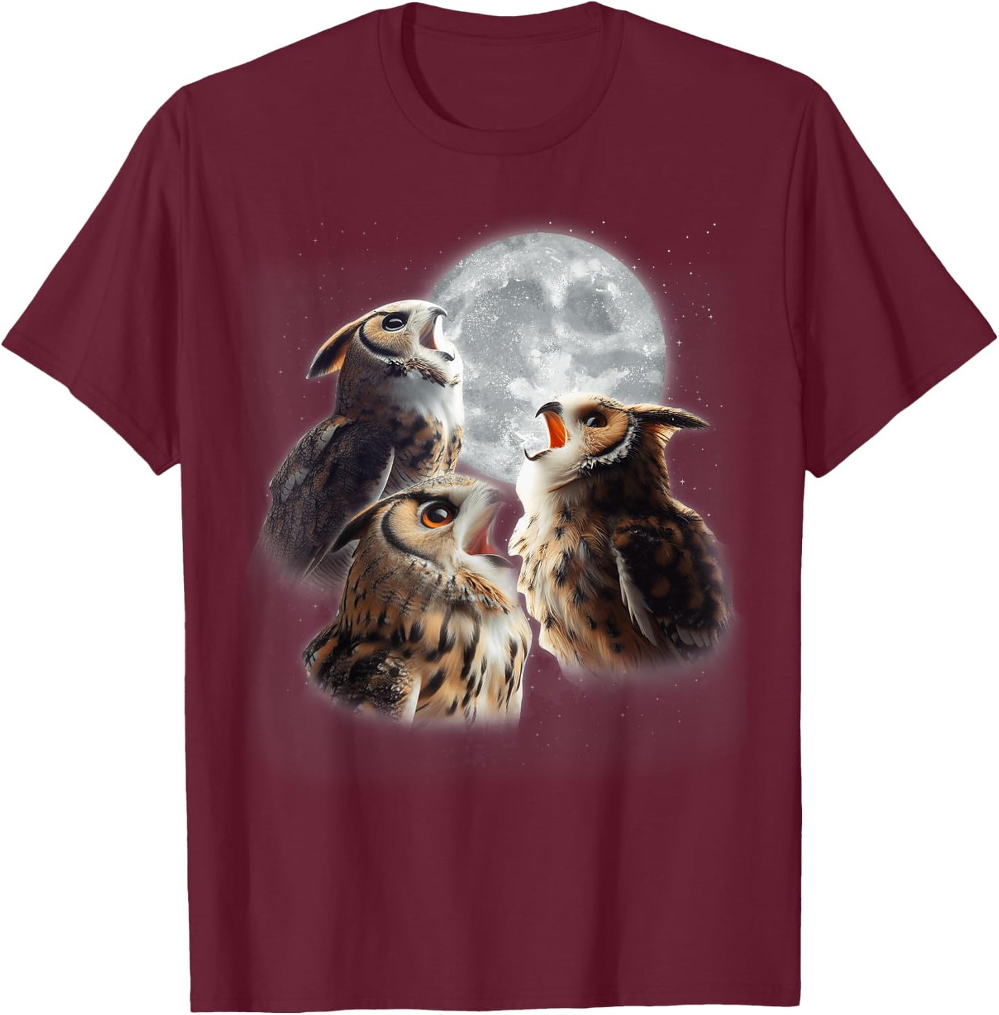 3 Owls Howling At The Moon Funny Night Owl Lover Birdwatcher T-Shirt - T-Shirt | Maroon
