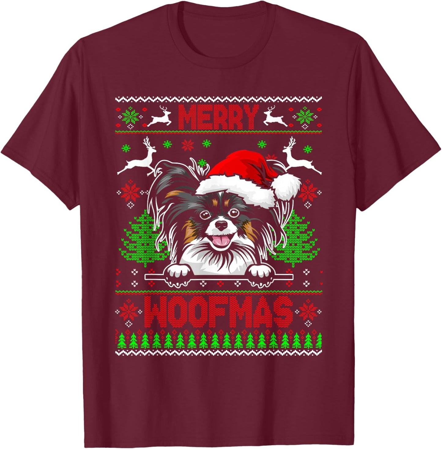 Merry Woofmas Christmas Santa Papillon Sweater T-Shirt - T-Shirt | Maroon