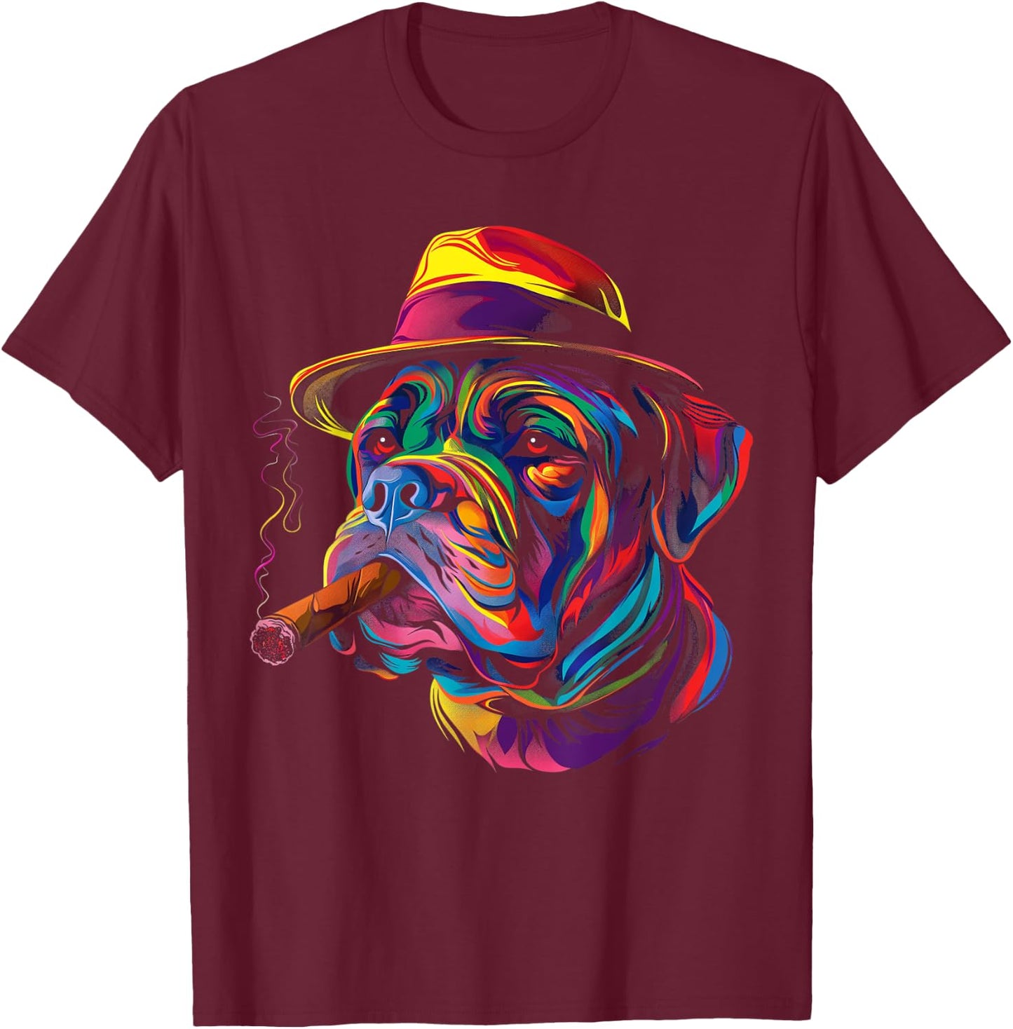 Mastiff Dog Smoking Hat Popart T-Shirt - T-Shirt | Maroon