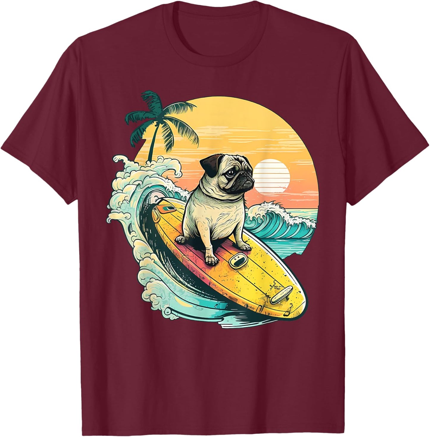 Funny Surfing Pug On Beach Pet Lover Vacation Summer T-Shirt - T-Shirt | Maroon