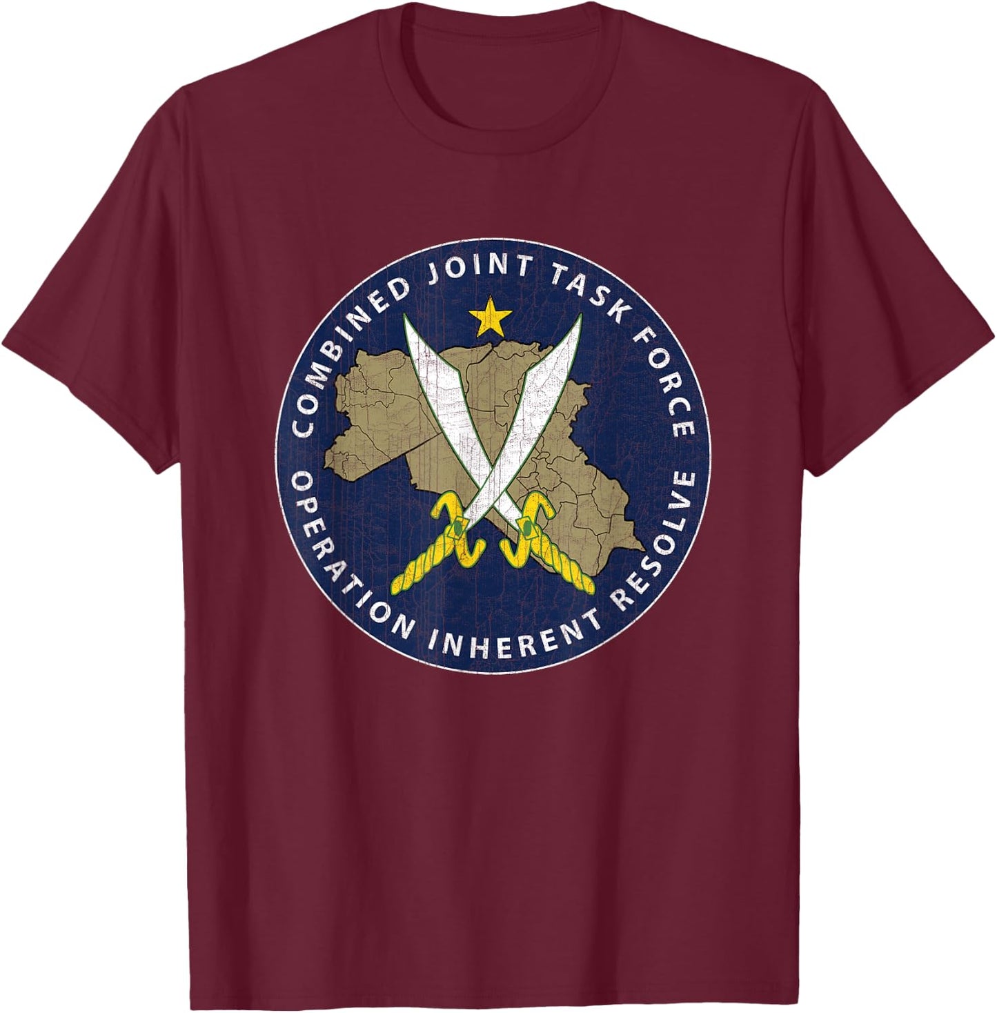 CJTF - OIR Operation Inherent Resolve Veteran Black Men's Vintage Modern Veteran-Themed Printed , Small, Short Sleeve T-Shirt - T-Shirt | Maroon